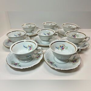 Vintage Wawel Poland Porcelain Floral Gold Trim Dinnerware - tea cups & saucers